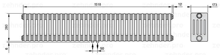 Схема (чертеж) Радиатор Zehnder Charleston 5026/33 №3470 Белый глянцевый RAL 9016